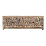Goldoma 86" solid wood TV stand with hand-carved floral details and distressed finish in natural wood tone