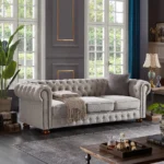 Goldoma Chesterfield Sectional Sofa in light grey linen fabric with memory foam filling and wood legs