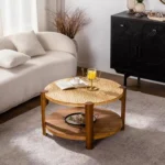 Goldoma solid wood coffee table in boho vintage farmhouse style with two-tier storage and natural finish