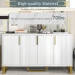 Modern solid wood dining room buffet with four doors and metal handles in a stylish home setting