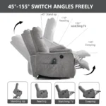 Goldoma power lift recliner in light grey chenille upholstery with massage and heat, showing reclined position and side USB ports