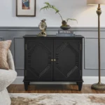 Retro wooden sideboard cabinet with geometric accents and brass handles in a living room setting