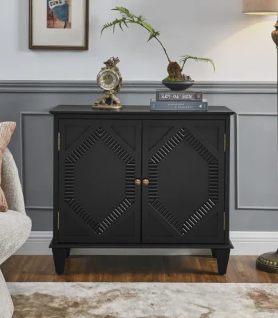 Retro wooden sideboard cabinet with geometric accents and brass handles in a living room setting