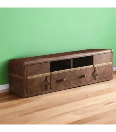 Goldoma 80-inch brown leather TV stand with enclosed and open storage in a living room setting