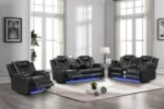Goldoma power reclining corner sofa set with LED lights in black faux leather