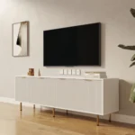 Mid-century wood TV stand for 60-64 inch TVs with metal frame and adjustable shelves in a living room