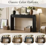 Modern fluted wood console table with natural oak finish and storage in entryway