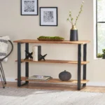 Goldoma modern console table with 3 shelves in a living room, eco-friendly solid wood design