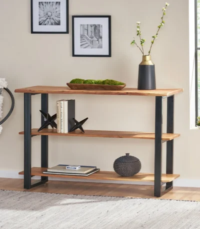 Goldoma modern console table with 3 shelves in a living room, eco-friendly solid wood design