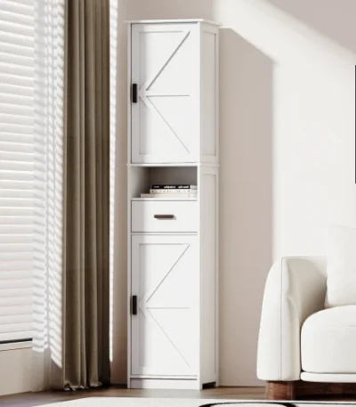 Goldoma 69 inch tall solid wood narrow bathroom storage cabinet with two sliding barn doors and drawer for small bathroom organization