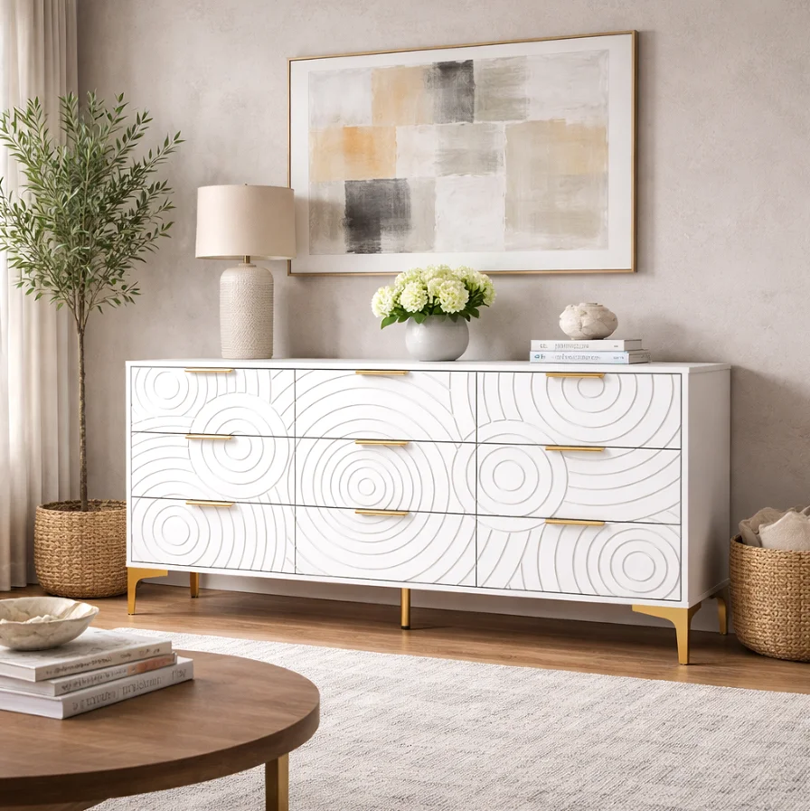 Hff3800ad0a774da7bc801050a246c6d60.webp Goldoma 9-drawer oak dresser with TV stand – solid wood storage chest for bedroom and living room