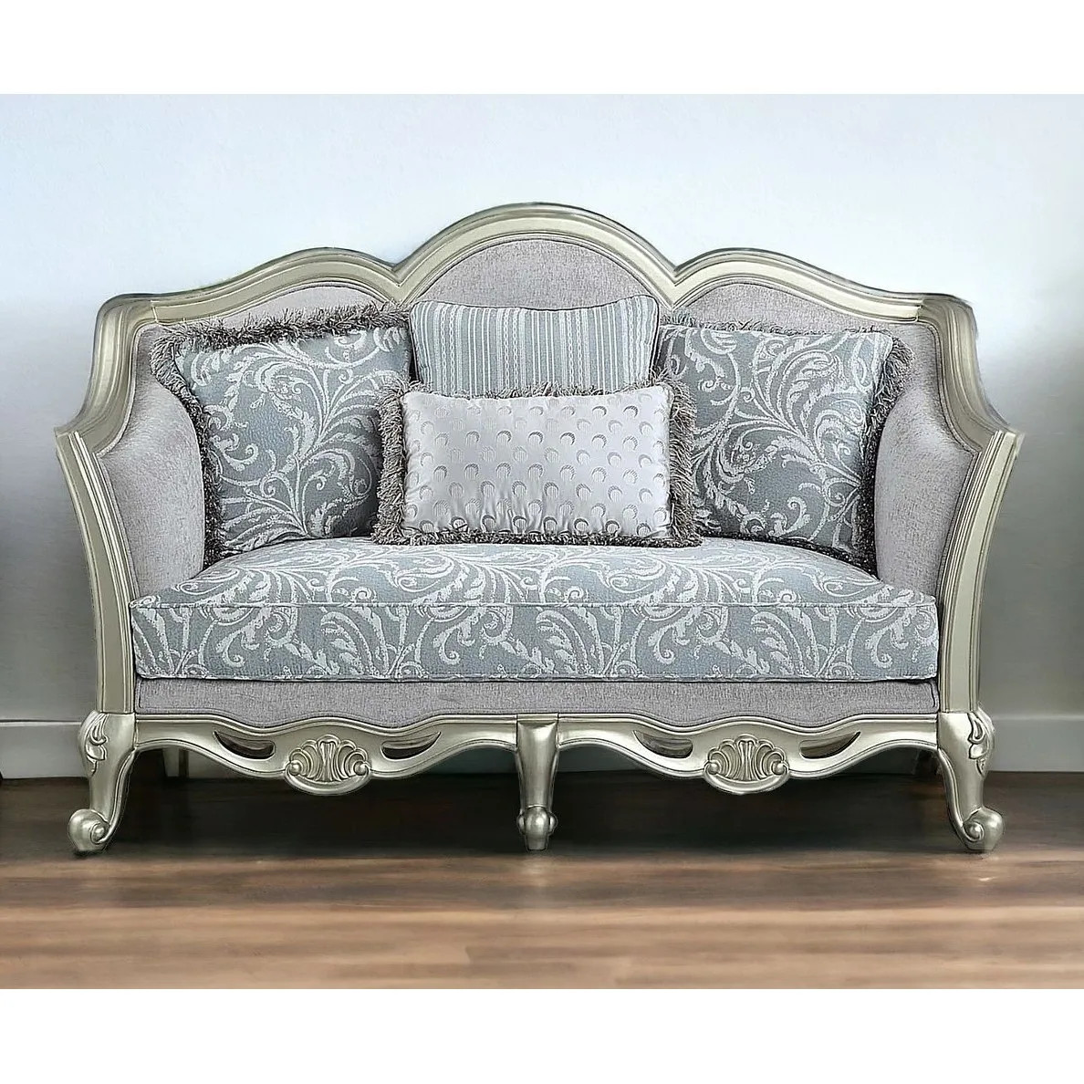 Goldoma Light Gray and Champagne Linen Damask Loveseat with Toss Pillows