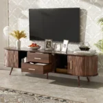 Goldoma mid-century modern TV stand for 80 inch TVs with walnut wood finish and black metal shelves