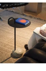 Round marble side table - mid century modern end table with natural marble top and black metal frame in living room