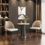 Goldoma set of 2 faux leather dining chairs with wood back and metal legs in dining room