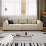 Goldoma modern L-shaped corner sofa with storage in cream chenille velvet, Scandinavian minimalist design for living room