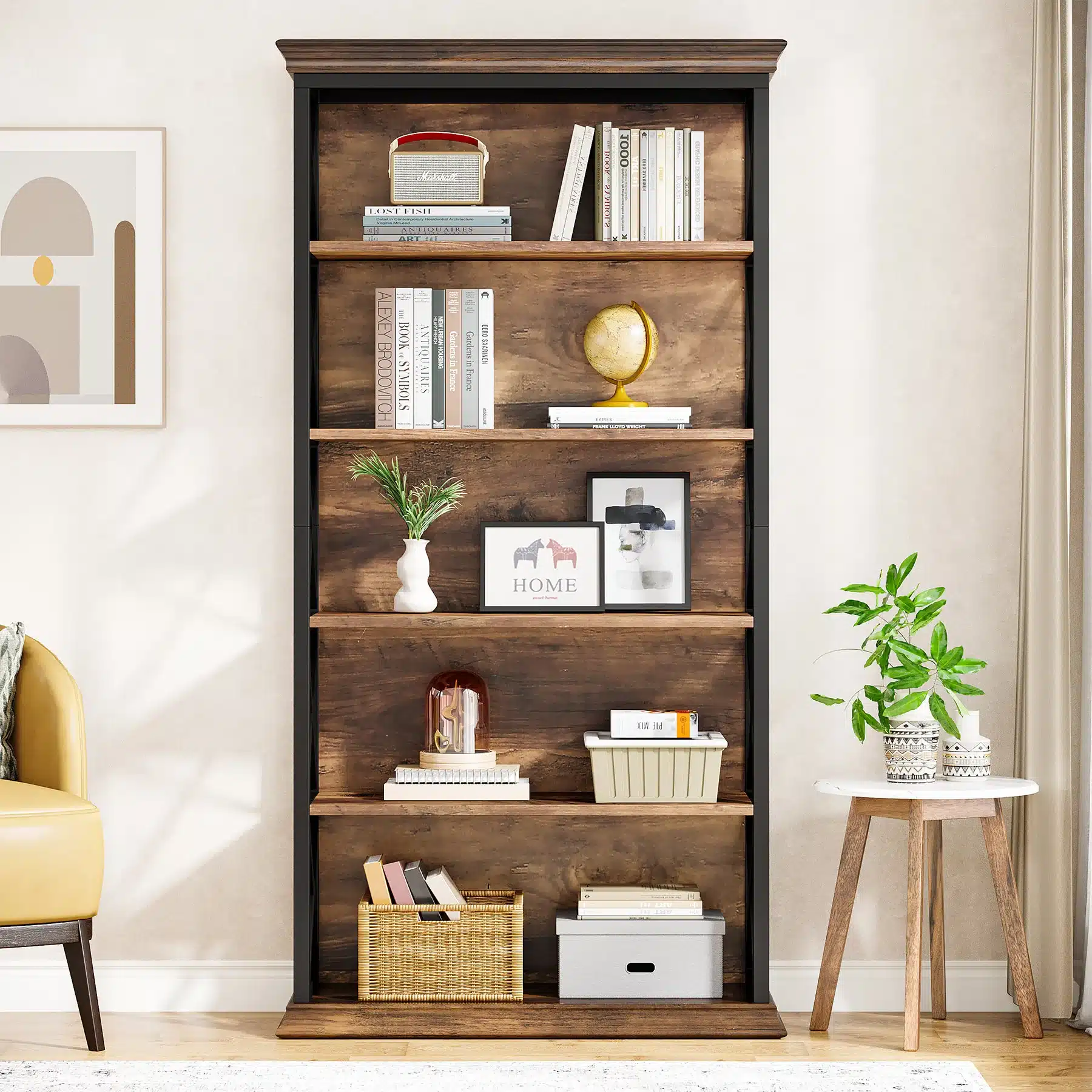 Goldoma 6-Tier Industrial Bookcase, 71 Inch Tall Bookshelf with X-Design, Floor Standing 5 Shelf Display Storage for Living Room, Home Office