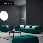 Goldoma L-shaped velvet sleeper sofa in modern living room with chaise and pull-out bed