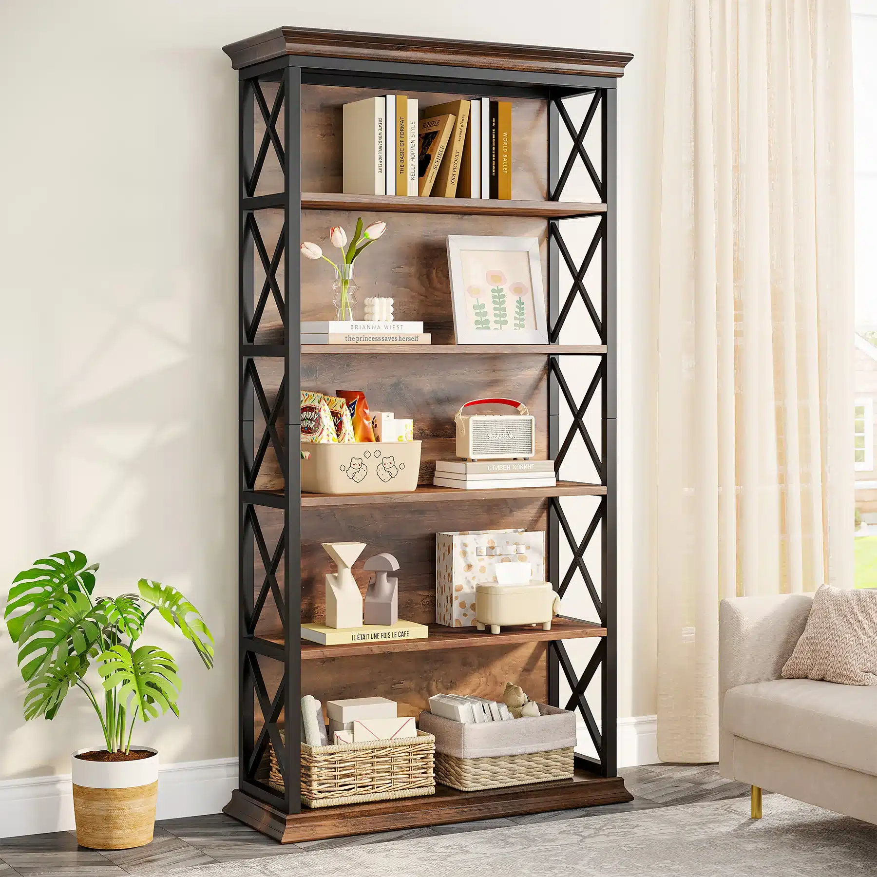 Goldoma 6-Tier Industrial Bookcase, 71 Inch Tall Bookshelf with X-Design, Floor Standing 5 Shelf Display Storage for Living