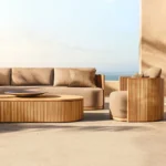 Goldoma outdoor teak sofa set with water-resistant acrylic cushions on a patio