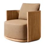 Goldoma outdoor teak sofa set with water-resistant acrylic cushions on a patio