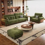 Goldoma Minimalist U-Shape Sectional Sofa in green chenille fabric with sofa bed function for modern living rooms