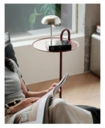 Round marble side table - mid century modern end table with natural marble top and black metal frame in living room