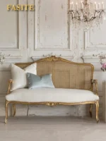 Goldoma French carved wood velvet single sofa in gold fabric with hand-carved details, ideal for living rooms