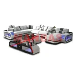Goldoma genuine leather sectional sofa with LED lighting, storage shelves, USB ports, and cup holders in a modern living room