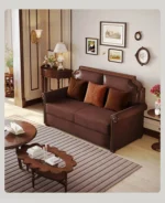 Goldoma foldable leather sofa bed in light luxury abstract pattern, converted to bed mode