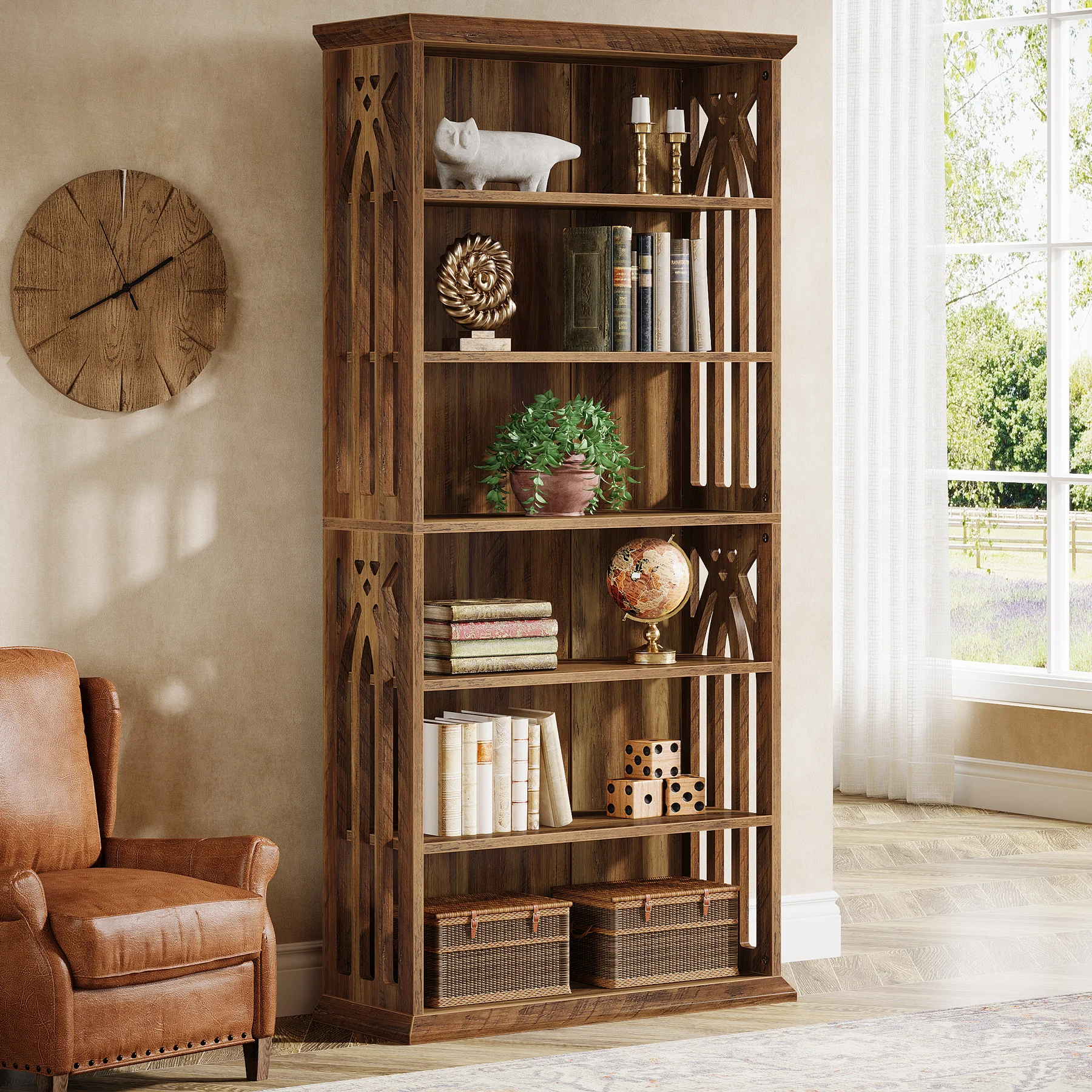S479920cf8eab4e20bb0f1e00e6399849V.webp Goldoma 6-Tier Tall Bookshelf 75-Inch with Adjustable Shelves in Brown Finish