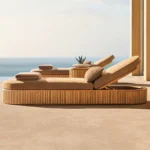 Goldoma outdoor teak sofa set with water-resistant acrylic cushions on a patio