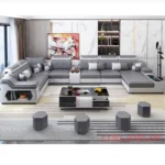 Goldoma U-shaped sectional sofa with built-in Bluetooth speakers and chaise lounge in a modern living room