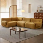 Goldoma modular cream Sherpa sofa vacuum-compressed sectional with high-elastic foam in mid-century style.