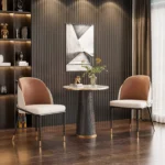 Goldoma set of 2 faux leather dining chairs with wood back and metal legs in dining room