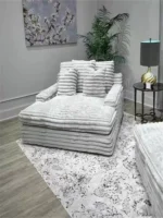 Goldoma white L-shaped velvet sofa in living room with wood frame and removable covers