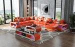 Goldoma genuine leather sectional sofa with LED lighting, storage shelves, USB ports, and cup holders in a modern living room