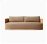 Goldoma outdoor teak sofa set with water-resistant acrylic cushions on a patio
