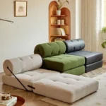 Goldoma Folding Lazy Sofa Chair in modern living room with corduroy or leather upholstery, small space