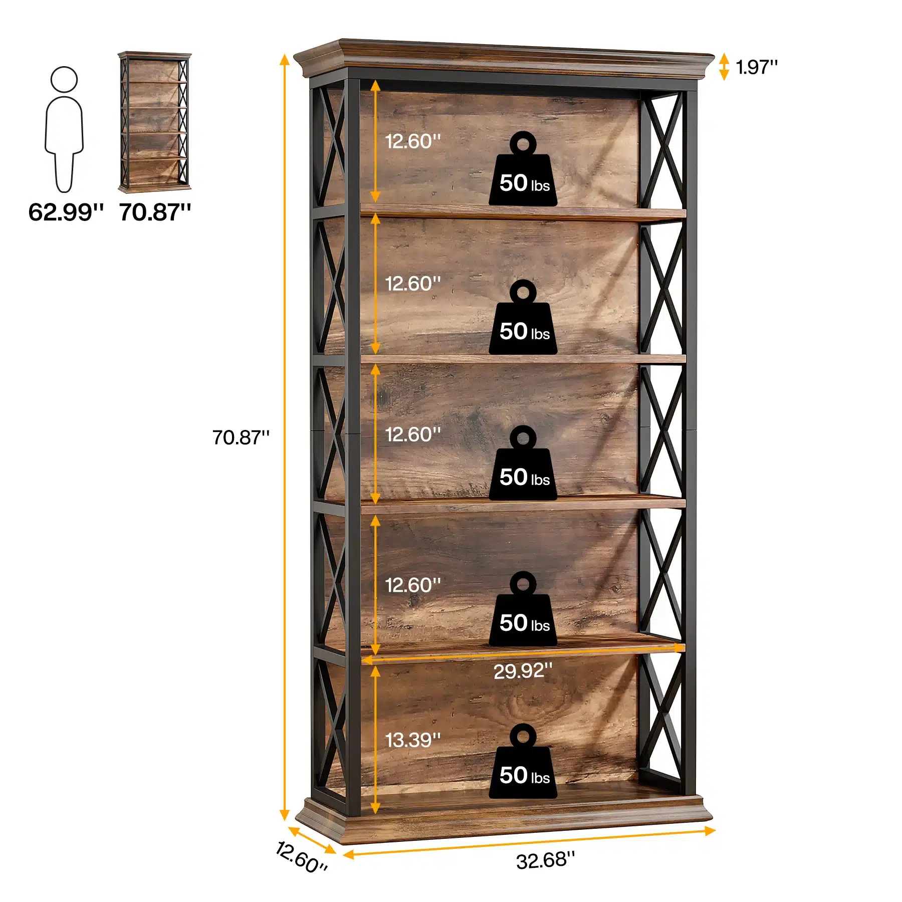 Goldoma 6-Tier Industrial Bookcase, 71 Inch Tall Bookshelf with X-Design, Floor Standing 5 Shelf Display Storage for Living Room, Home Office