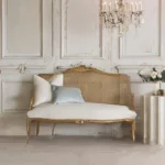 Goldoma French carved wood velvet single sofa in gold fabric with hand-carved details, ideal for living rooms