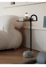 Round marble side table - mid century modern end table with natural marble top and black metal frame in living room