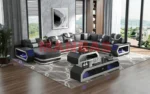 Goldoma genuine leather sectional sofa with LED lighting, storage shelves, USB ports, and cup holders in a modern living room