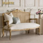 Goldoma French carved wood velvet single sofa in gold fabric with hand-carved details, ideal for living rooms