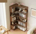 Goldoma solid wood corner bookcase with multiple open shelves in a modern living room