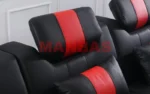 Goldoma genuine leather sectional sofa with LED lighting, storage shelves, USB ports, and cup holders in a modern living room