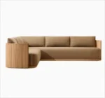 Goldoma outdoor teak sofa set with water-resistant acrylic cushions on a patio