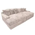 Goldoma white L-shaped velvet sofa in living room with wood frame and removable covers