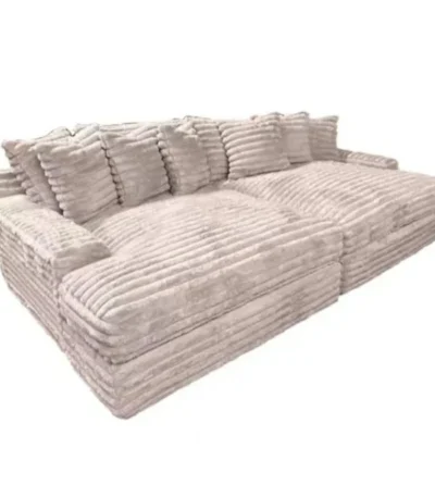 Goldoma white L-shaped velvet sofa in living room with wood frame and removable covers
