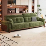 Goldoma Minimalist U-Shape Sectional Sofa in green chenille fabric with sofa bed function for modern living rooms